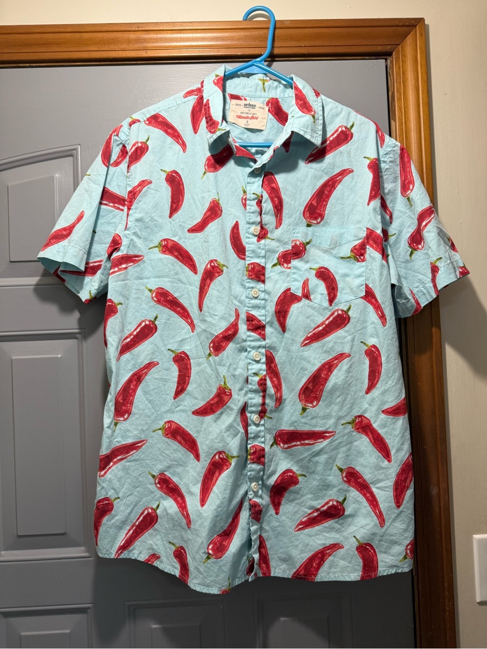 urban pipeline Light Blue Short-Sleeve Button-Up with Red Chili Pepper Print